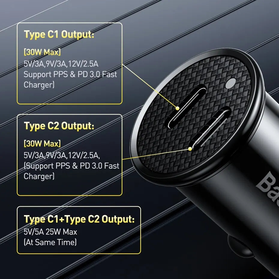 Cargador USB-C para Auto Baseus — Carga Rápida 30W