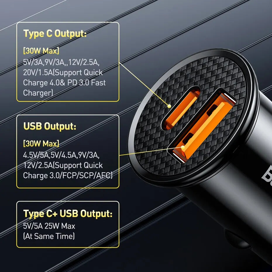 Cargador USB-C para Auto Baseus — Carga Rápida 30W